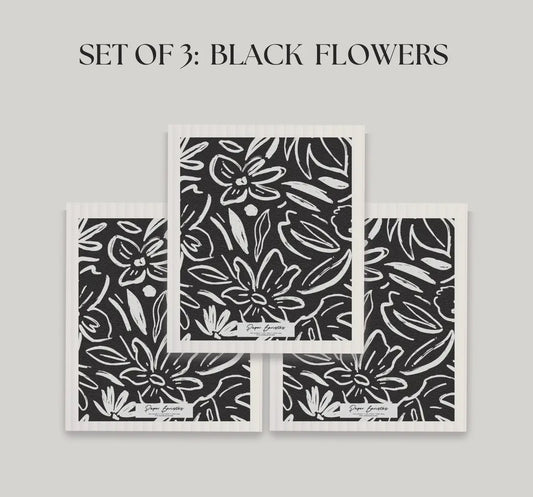 Swedish reusable black flower Dishcloths-3 pack